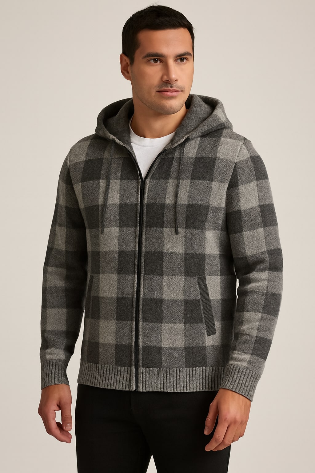 Men's Check Hooded Jacket in light grey, zip-up lumberjack style, front view on a model