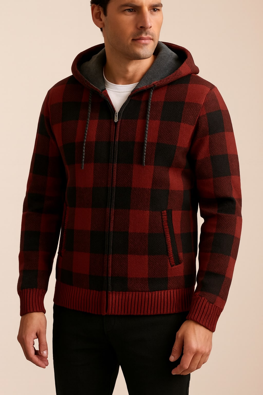 Men's Check Hooded Jacket in red, zip-up lumberjack style, front view on a model
