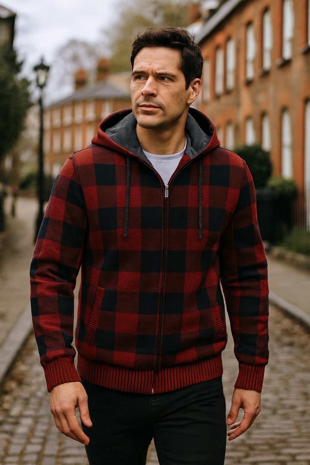 Man wearing the men's check hooded jacket on an autumn street
