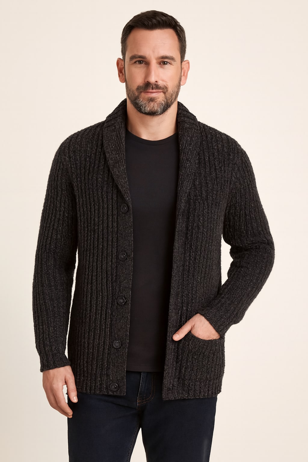 Men's Chunky Cardigan in black, open front heavy knit, front view on a model
