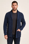 Men's Chunky Cardigan in blue, open front heavy knit, front view on a model
