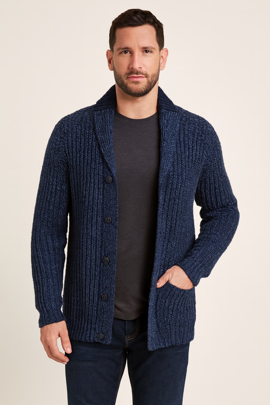 Men's Chunky Cardigan in blue, open front heavy knit, front view on a model