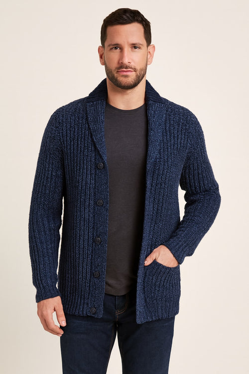 Men's Chunky Cardigan in blue, open front heavy knit, front view on a model