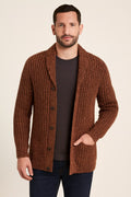 Men's Chunky Cardigan in brown, open front heavy knit, front view on a model