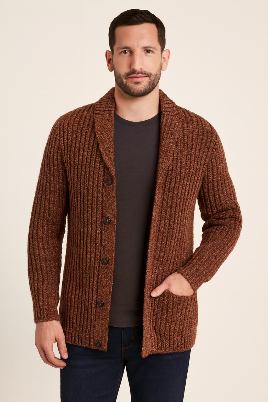 Men's Chunky Cardigan in brown, open front heavy knit, front view on a model