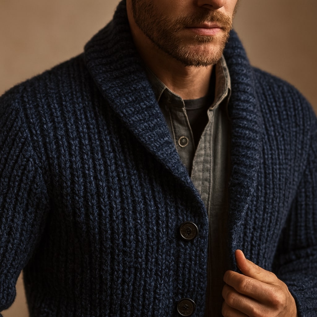 Close-up of the men's chunky cardigan showing the chunky knit
