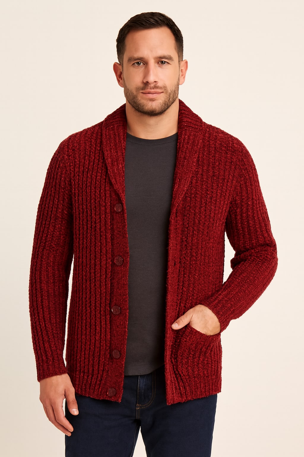 Men's Chunky Cardigan in red, open front heavy knit, front view on a model