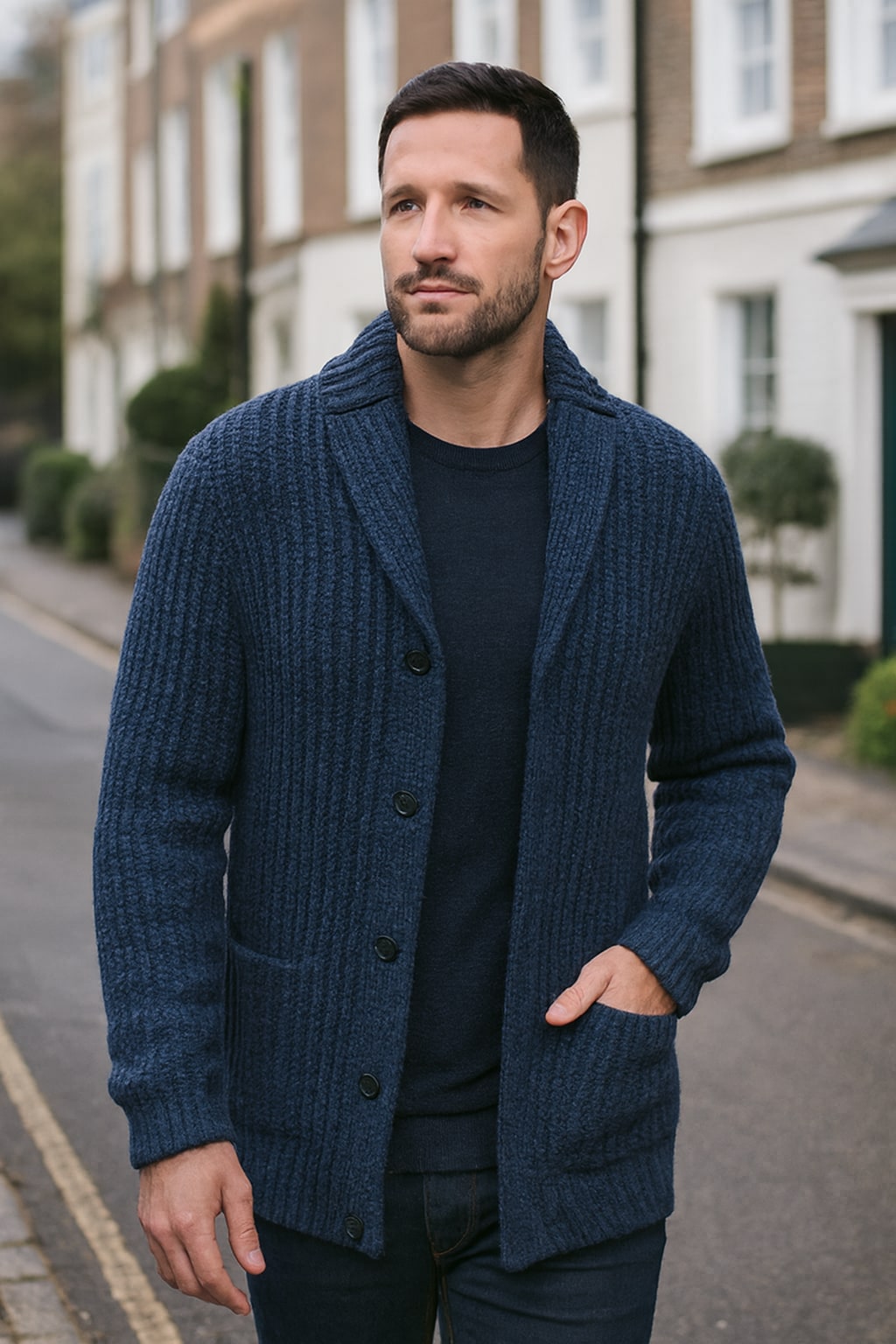 Man wearing the men's chunky cardigan on an autumn street