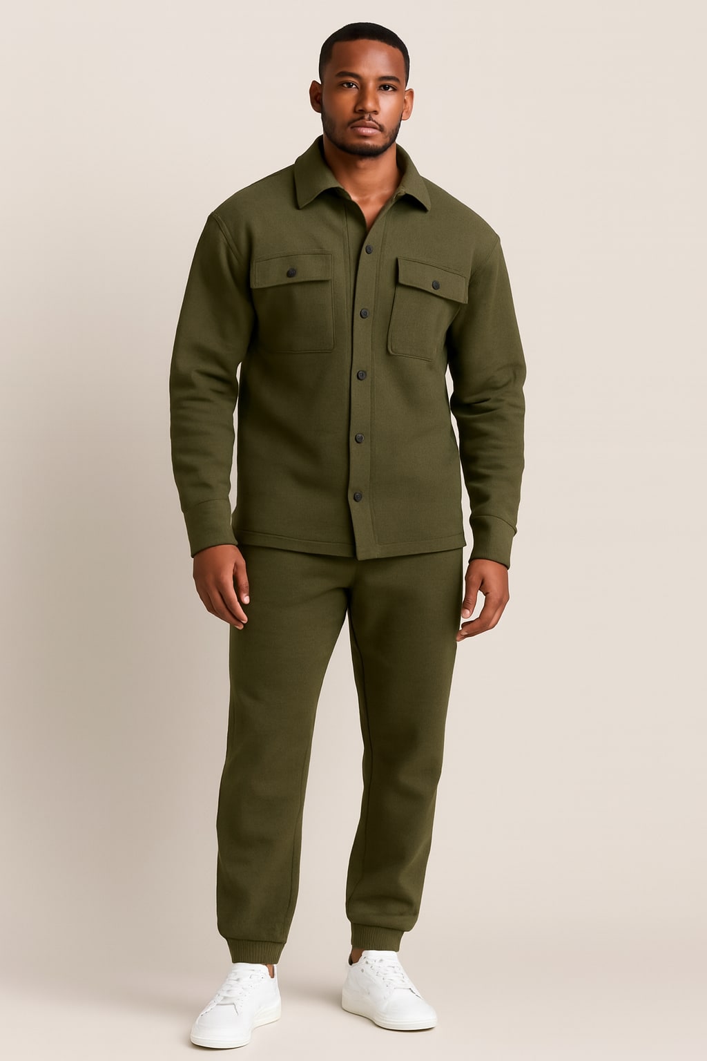 Men's Co-ord Set in army green, button-up overshirt and joggers, front view on a model