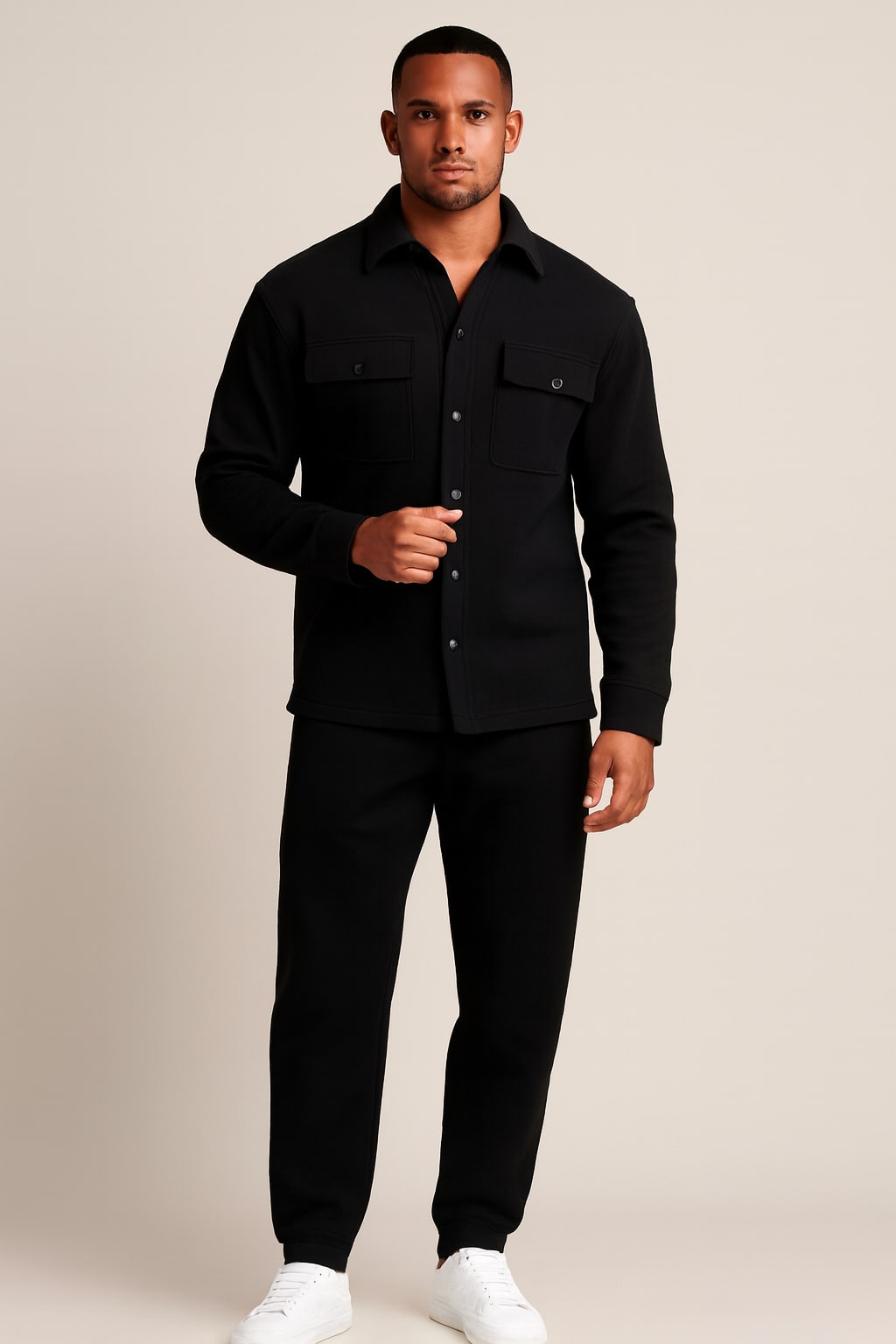 Men's Co-ord Set in black, button-up overshirt and joggers, front view on a model