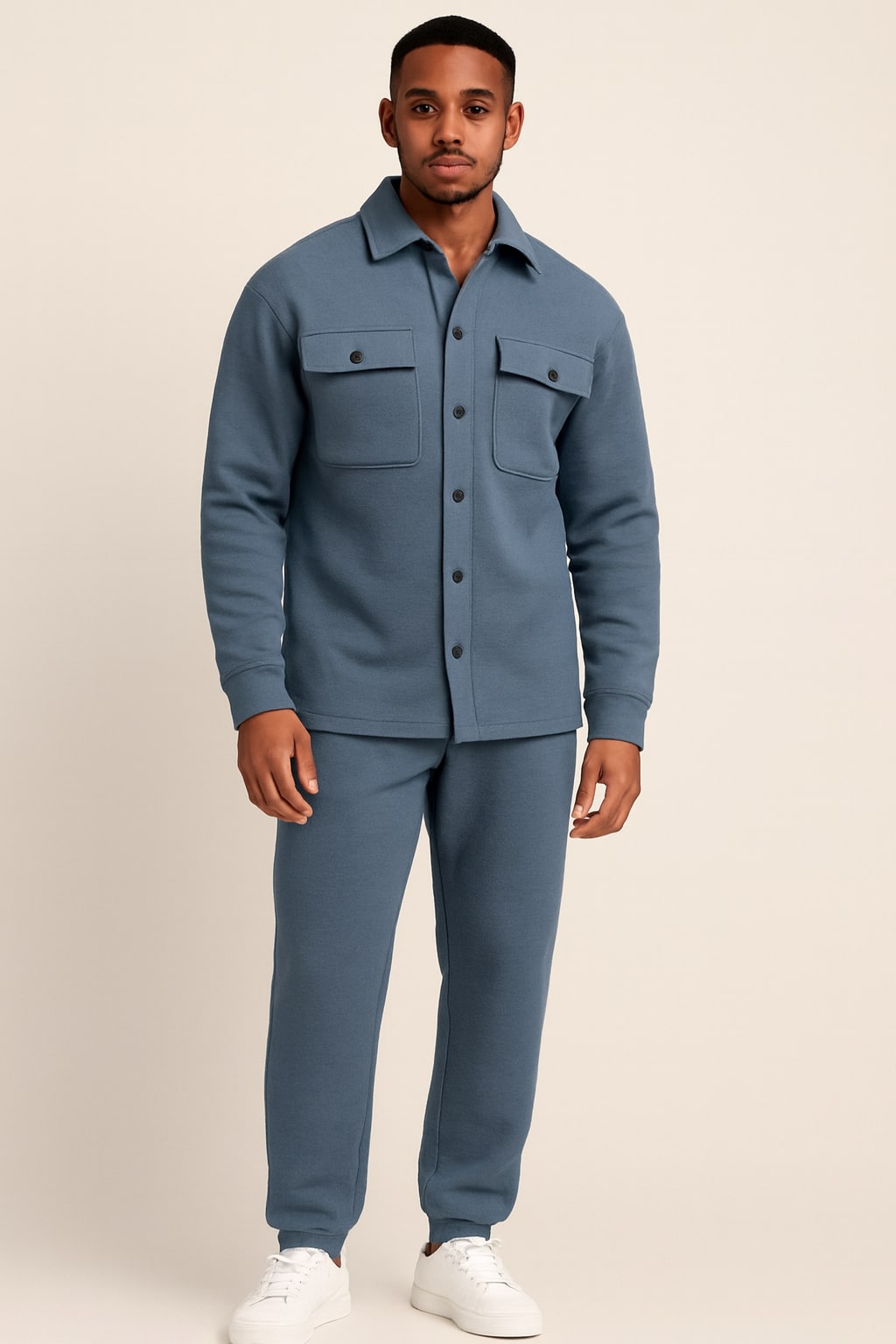 Men's Co-ord Set in blue, button-up overshirt and joggers, front view on a model