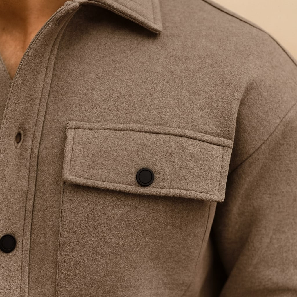 Close-up of the men's co-ord set showing the chest pocket and buttons