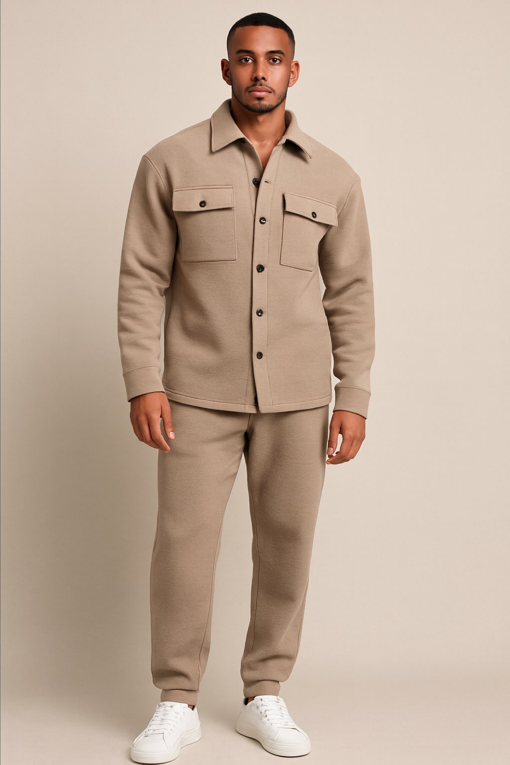 Men's Co-ord Set in khaki, button-up overshirt and joggers, front view on a model
