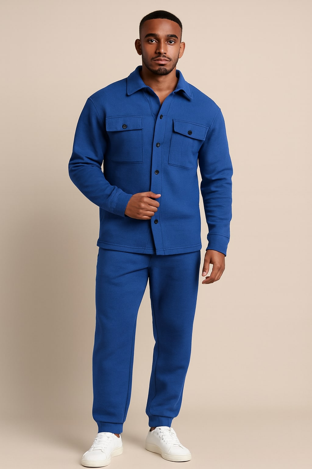 Men's Co-ord Set in royal blue, button-up overshirt and joggers, front view on a model