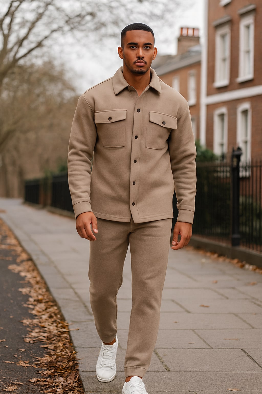 Man wearing the men's co-ord set on an autumn street