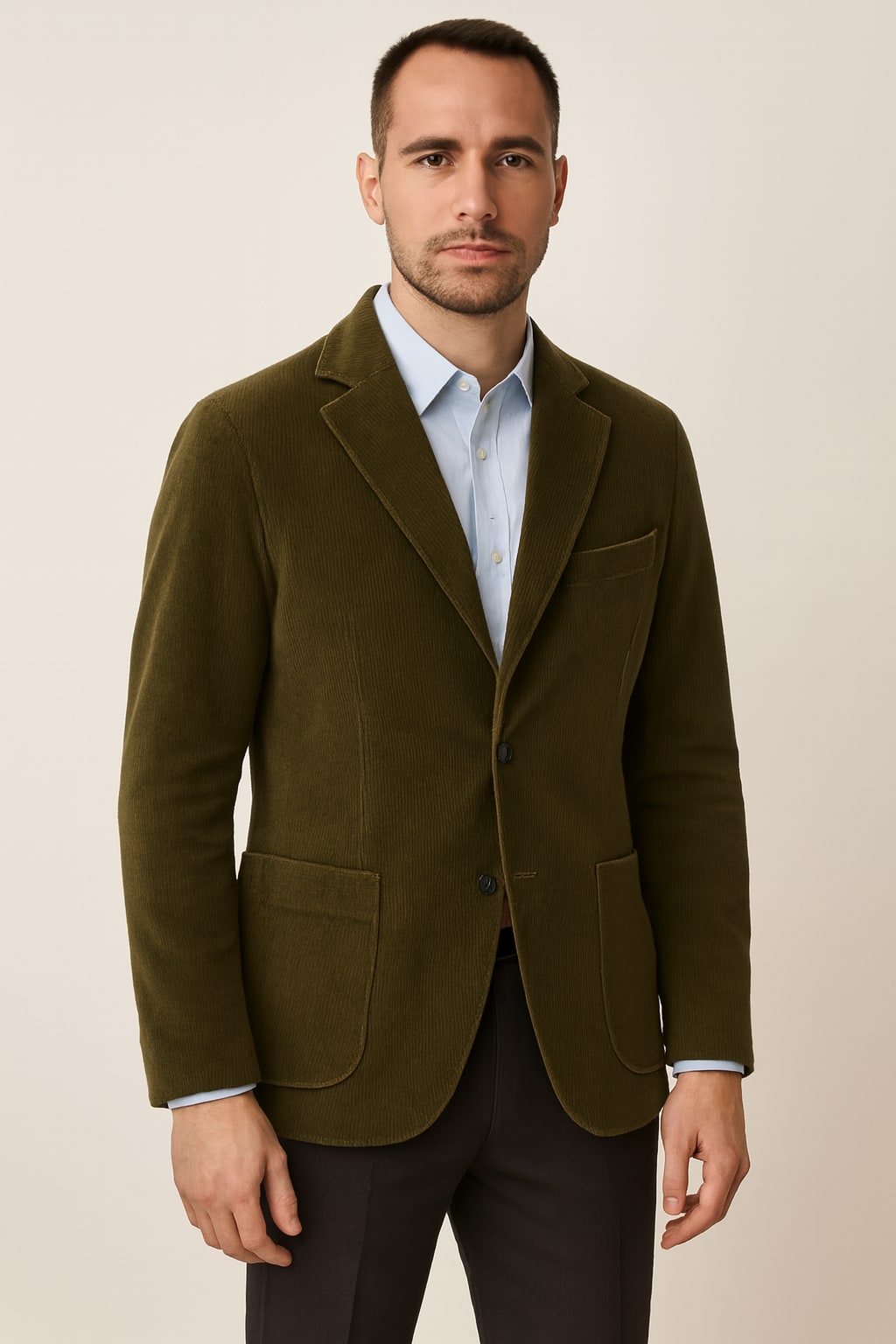 Men's Corduroy Blazer in army green, textured cord jacket, front view on a model