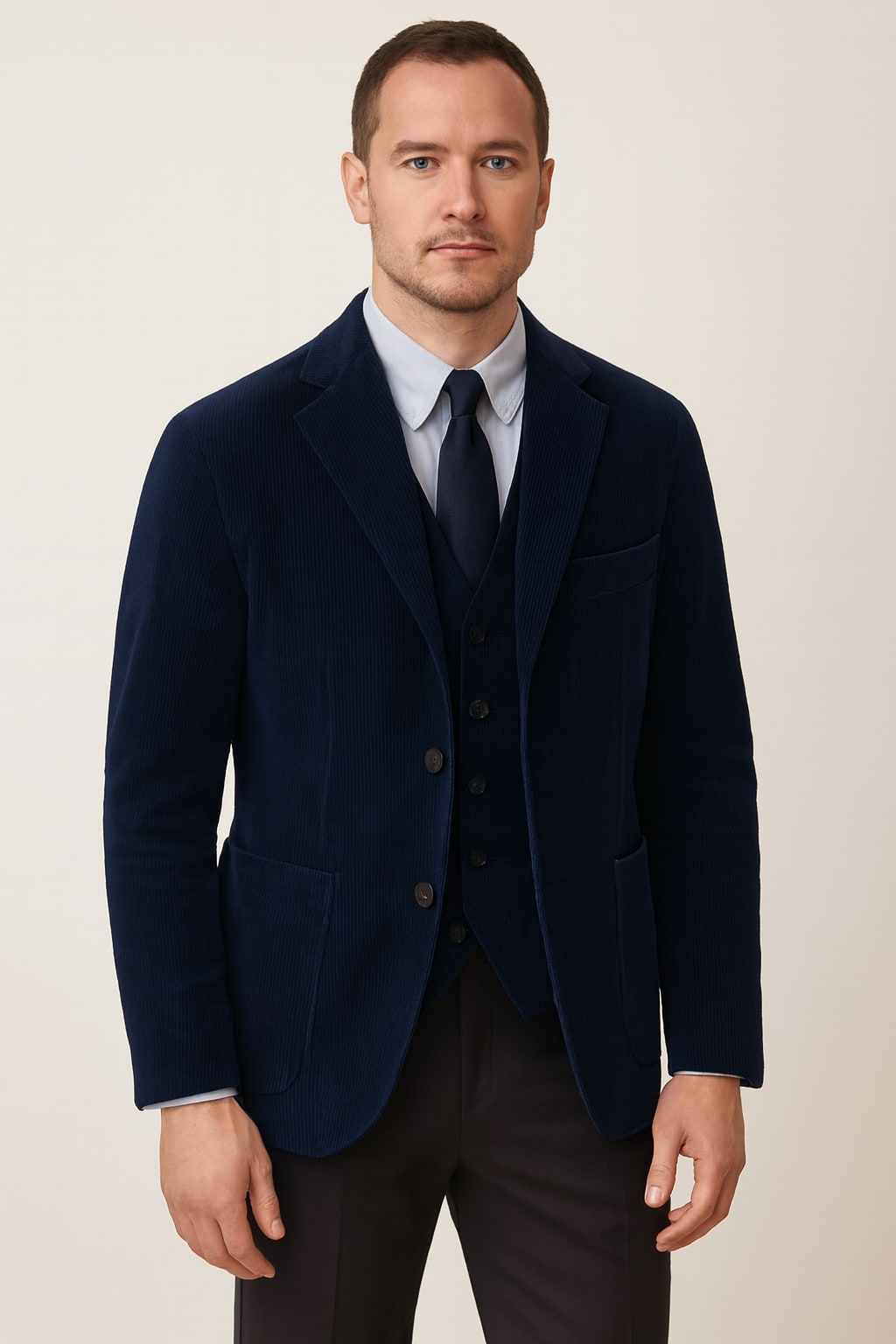 Men's Corduroy Blazer in blue, textured cord jacket, front view on a model