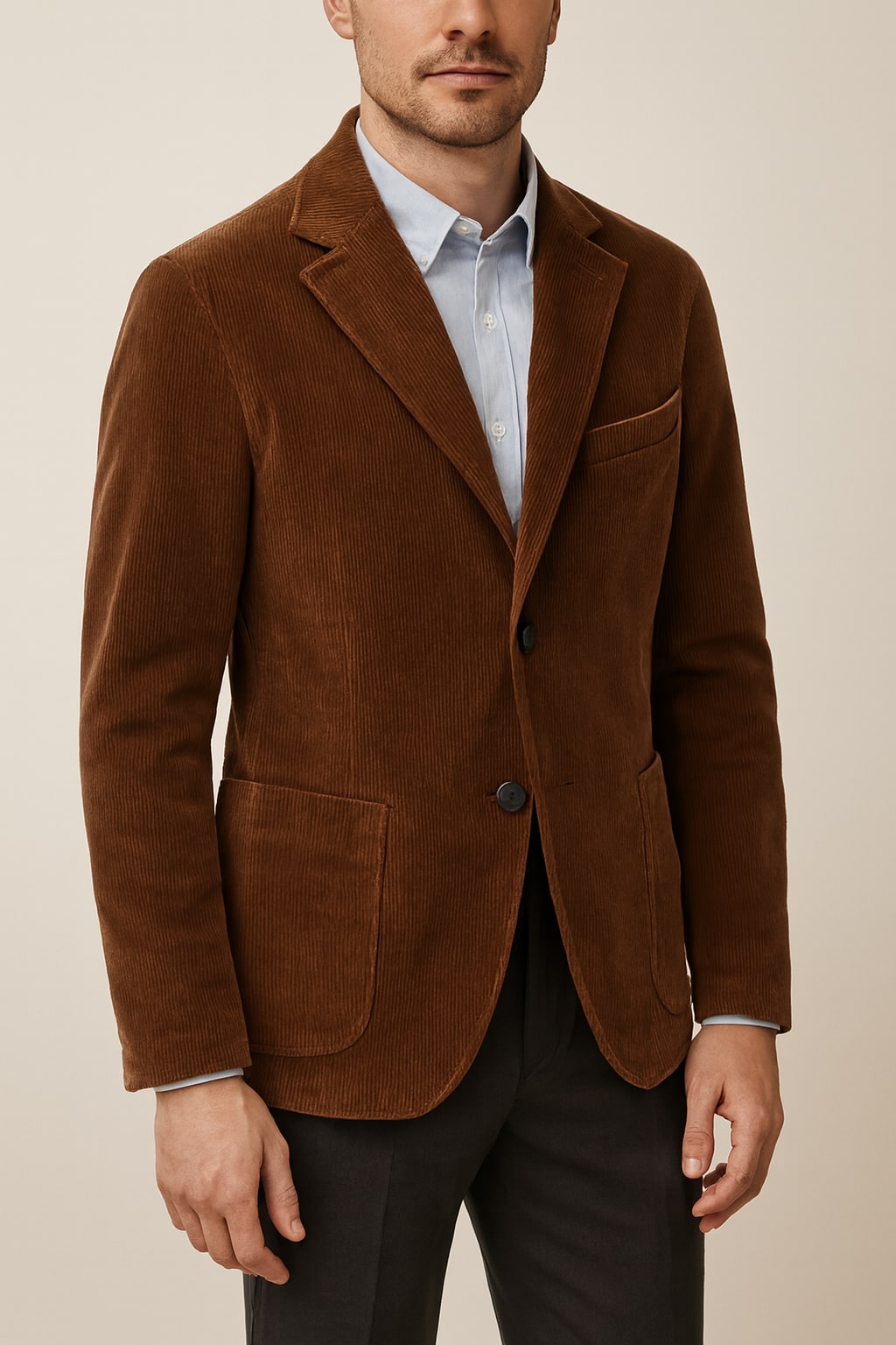 Men's Corduroy Blazer in brown, textured cord jacket, front view on a model