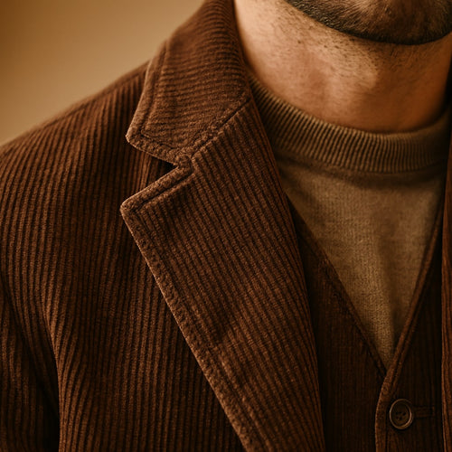 Close-up of the men's corduroy blazer showing the cord texture and lapel