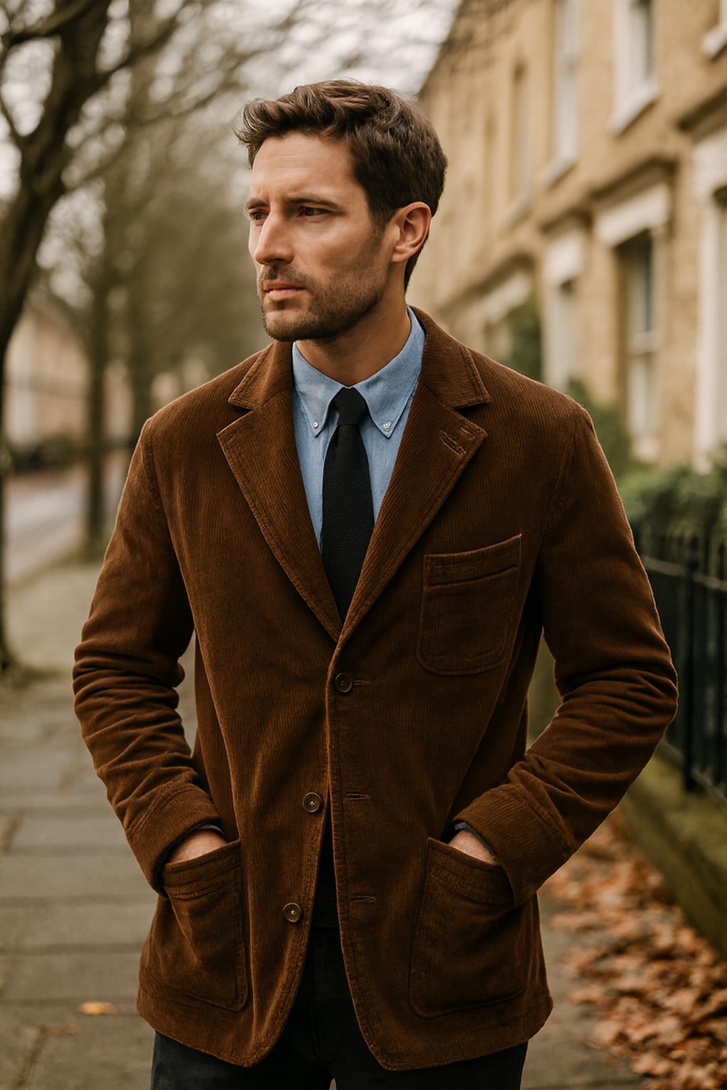 Man wearing the men's corduroy blazer on an autumn street