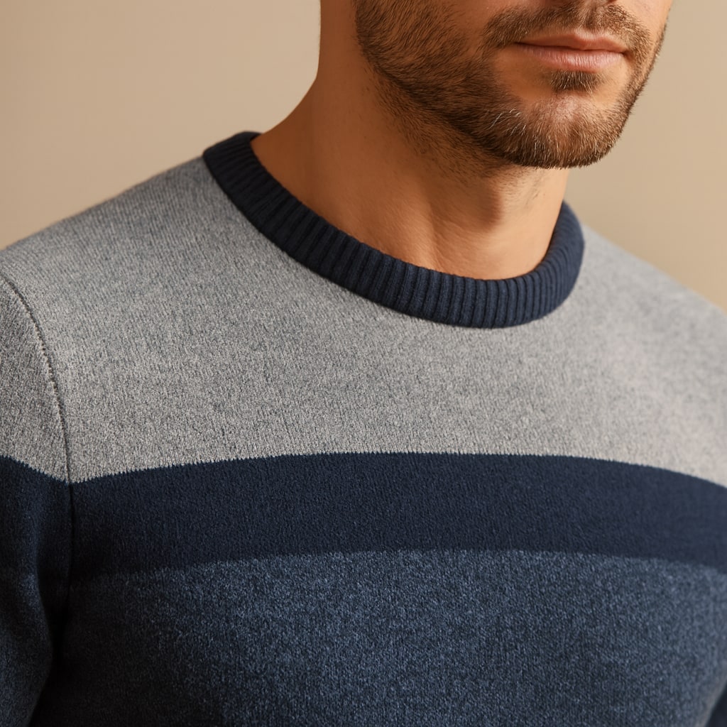 Close-up of the men's crew neck jumper showing the colour-block band