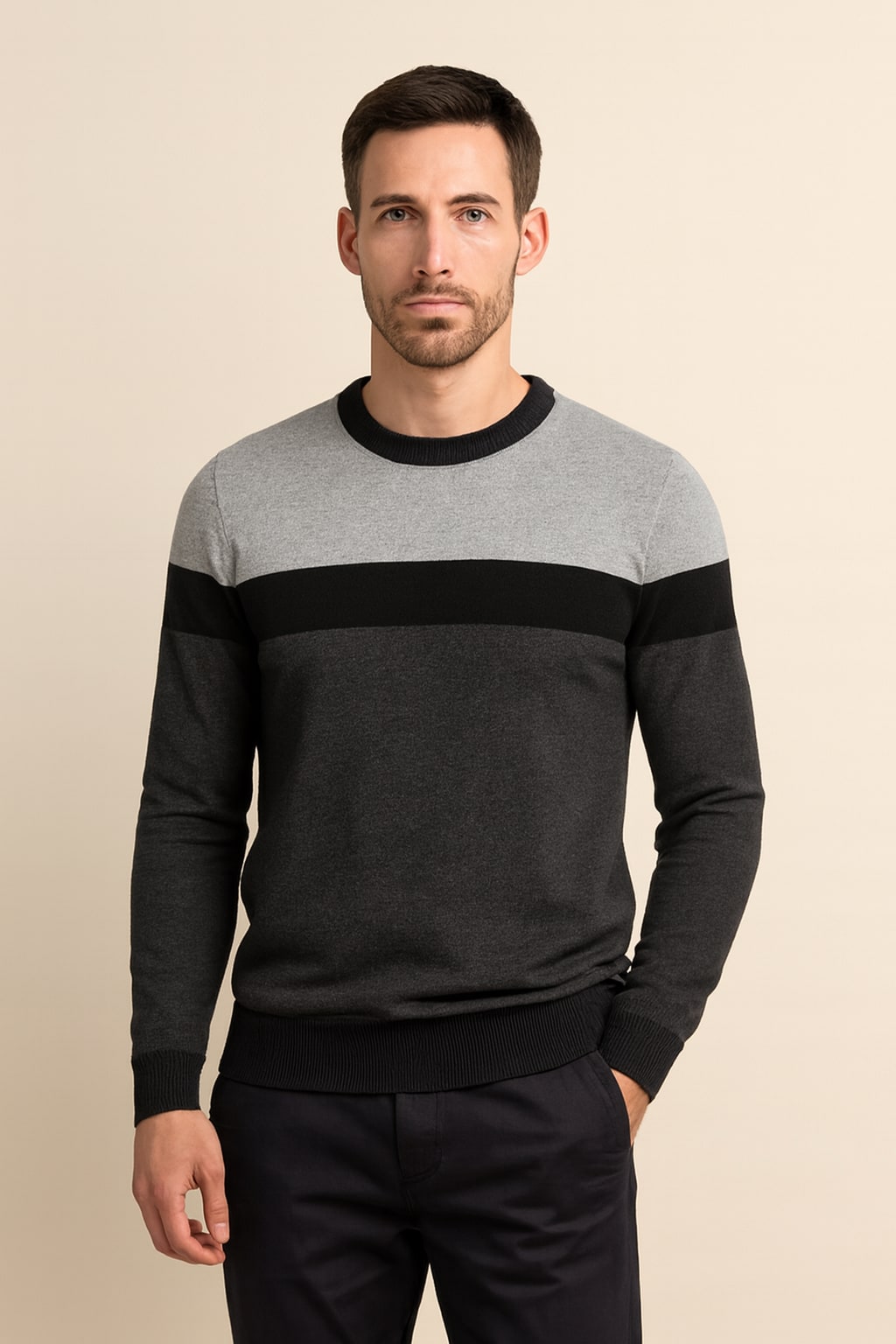 Men's Crew Neck Jumper in dark grey, colour block knit, front view on a model