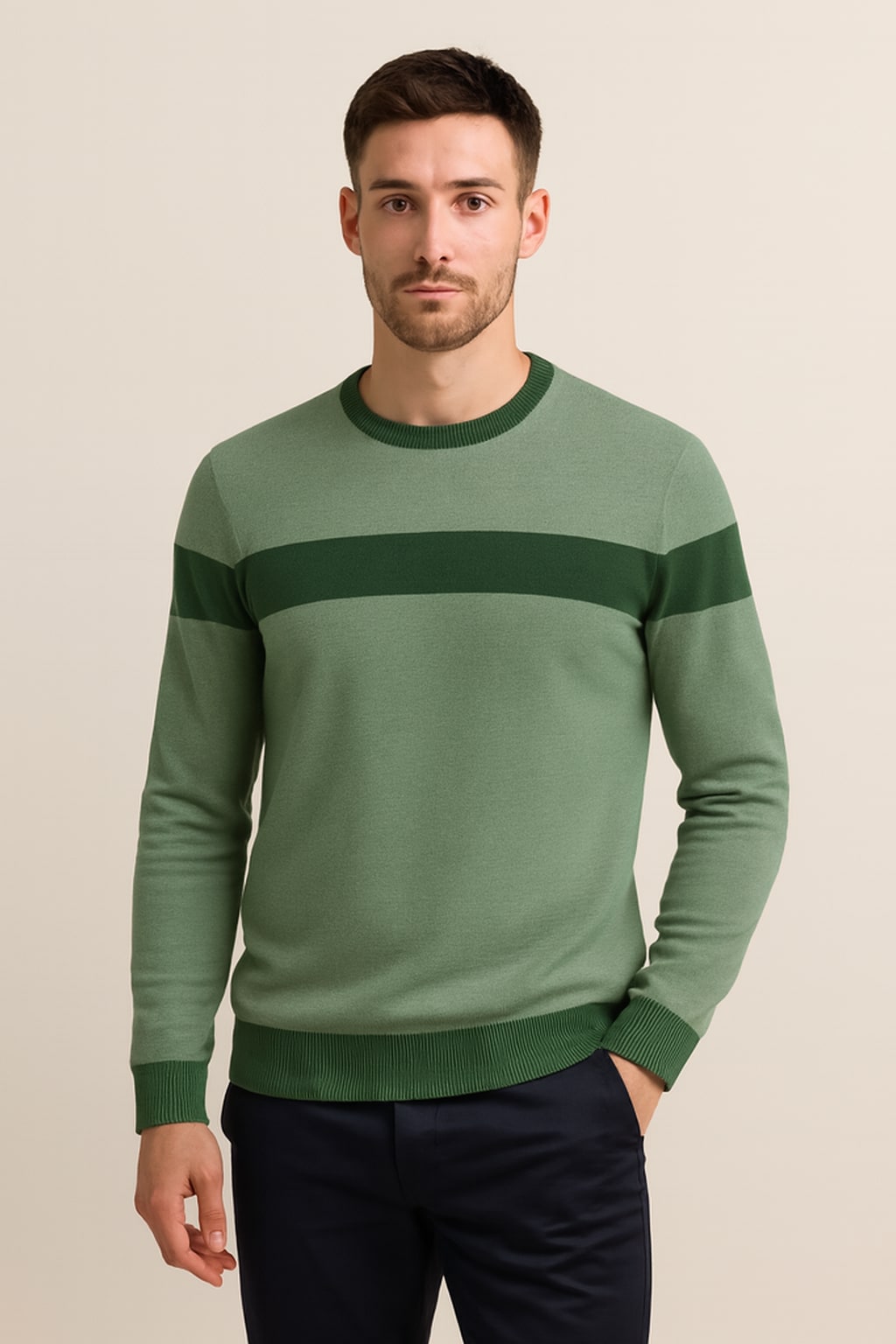 Men's Crew Neck Jumper in green, colour block knit, front view on a model