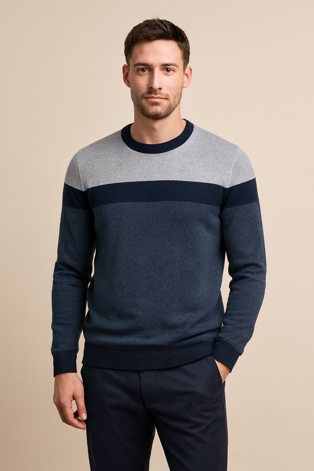 Men's Crew Neck Jumper in navy, colour block knit, front view on a model