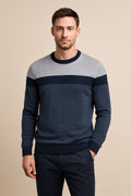 Men's Crew Neck Jumper in navy, colour block knit, front view on a model