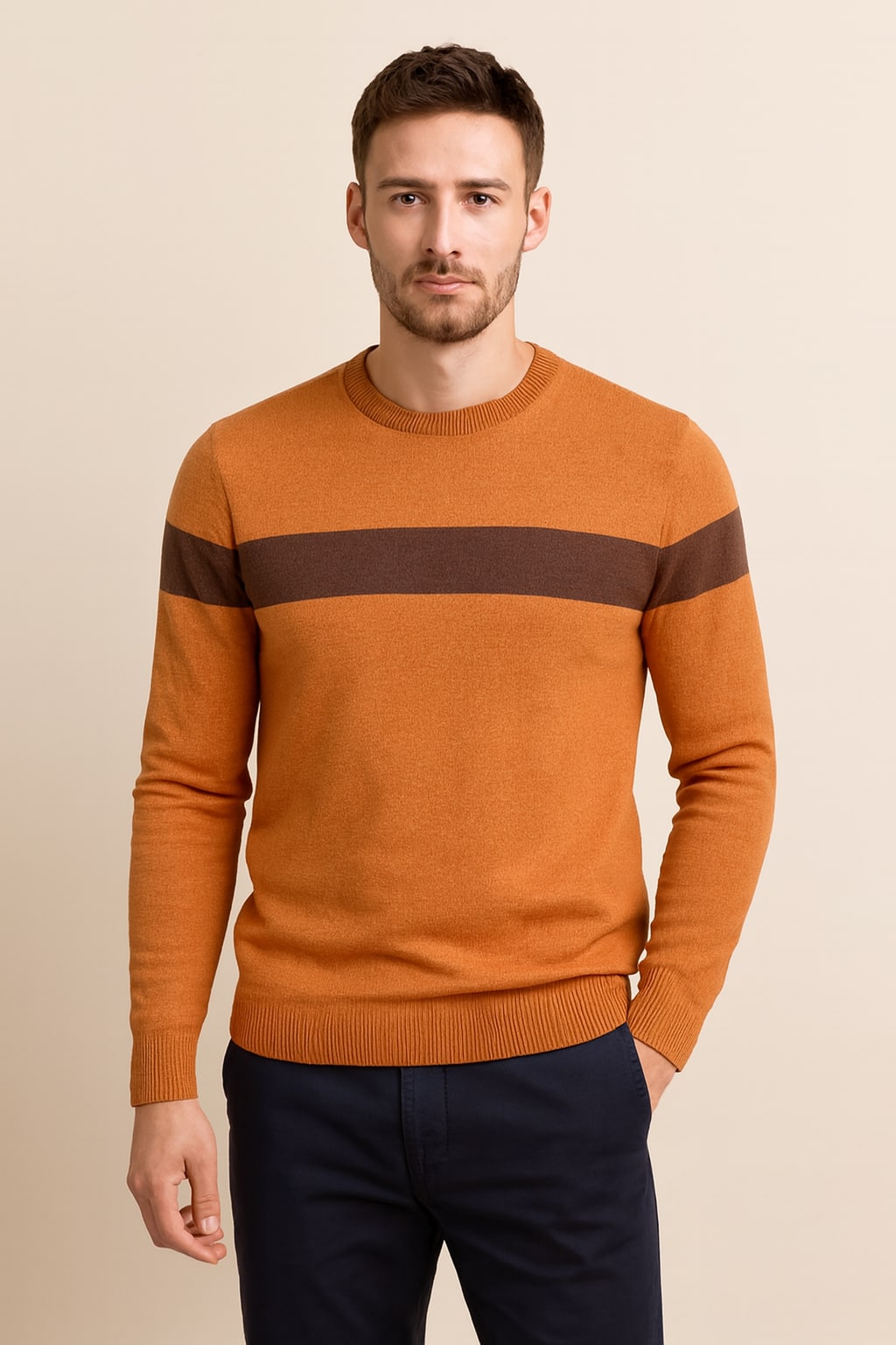 Men's Crew Neck Jumper in orange, colour block knit, front view on a model
