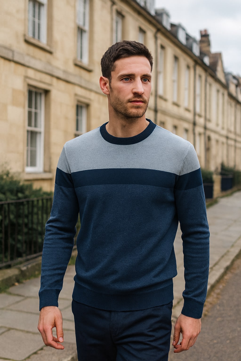 Man wearing the men's crew neck jumper on an autumn street
