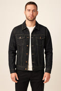 Men's Denim Jacket in black, slim fit classic jean jacket, front view on a model