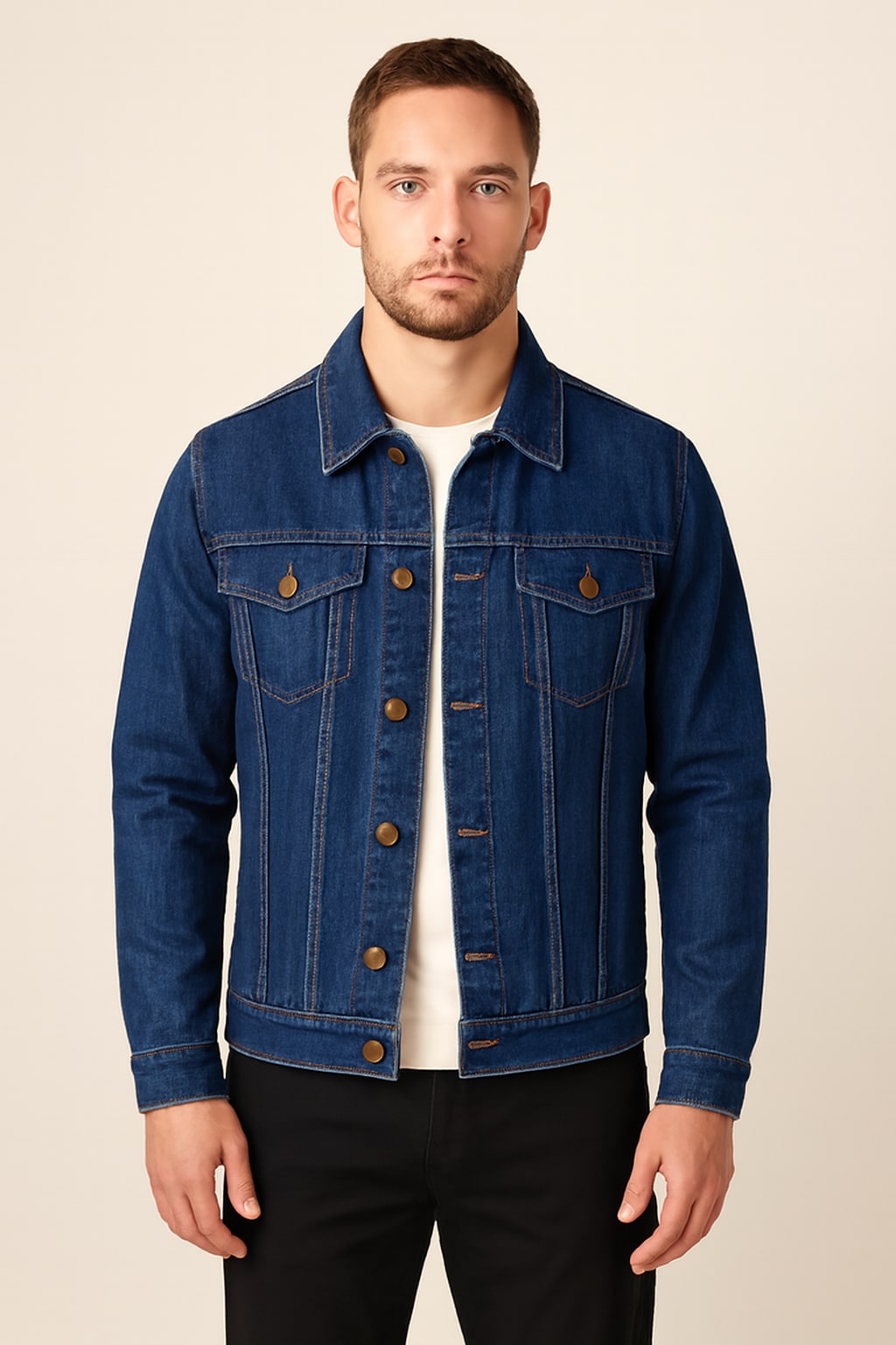 Men's Denim Jacket in blue, slim fit classic jean jacket, front view on a model