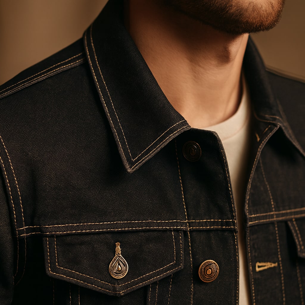 Close-up of the men's denim jacket showing the collar, buttons and contrast stitching