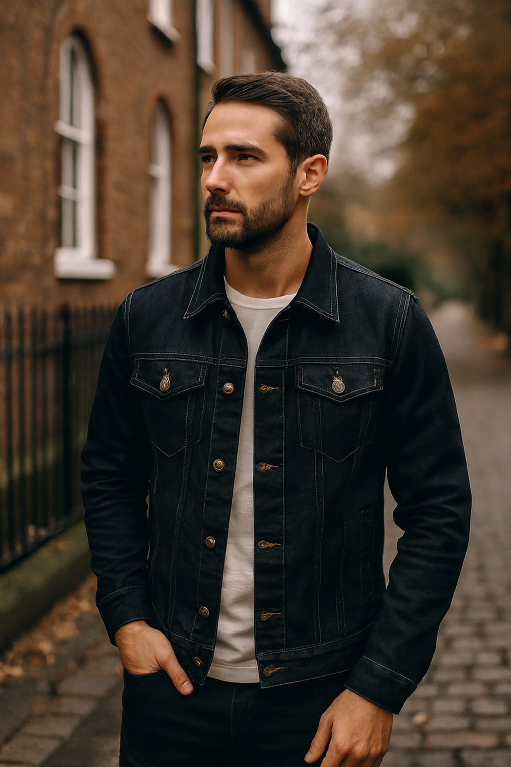 Man wearing the men's denim jacket on an autumn street