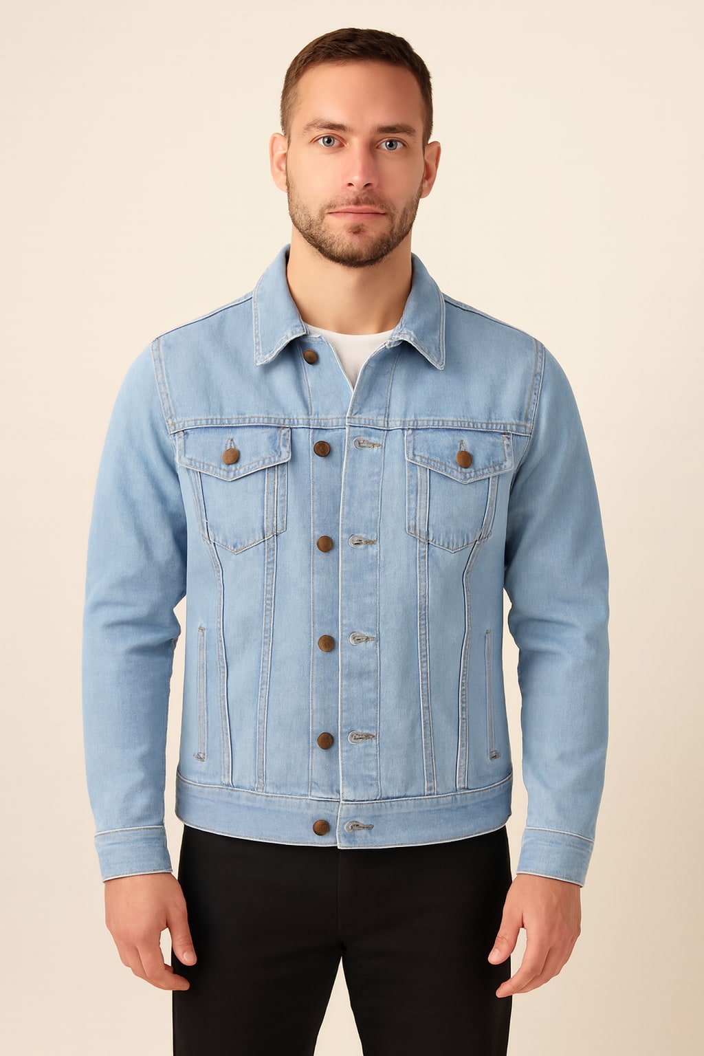 Men's Denim Jacket in light blue, slim fit classic jean jacket, front view on a model