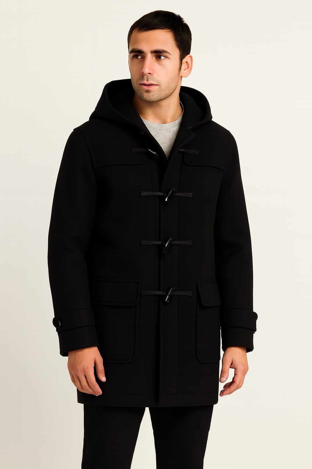 Men's Duffle Coat in black, hooded wool-look toggle coat, front view on a model