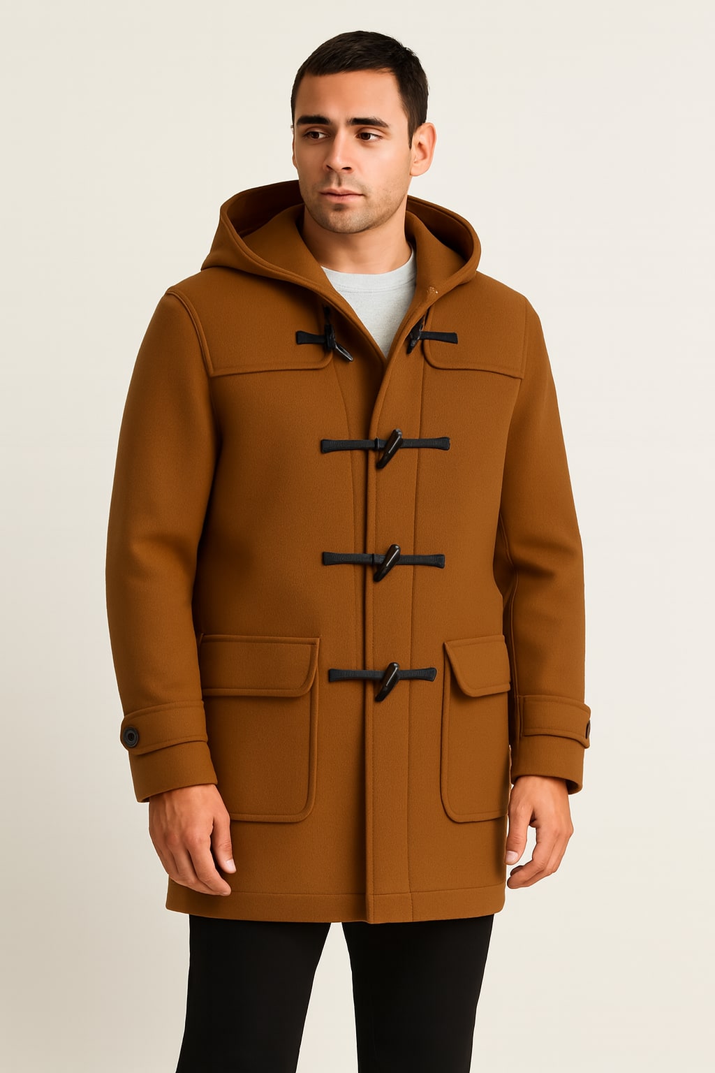 Men's Duffle Coat in brown, hooded wool-look toggle coat, front view on a model