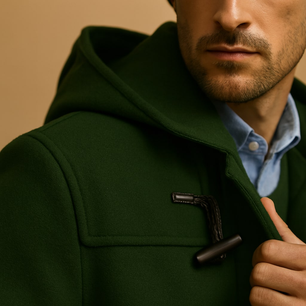 Close-up of the men's duffle coat showing the toggles