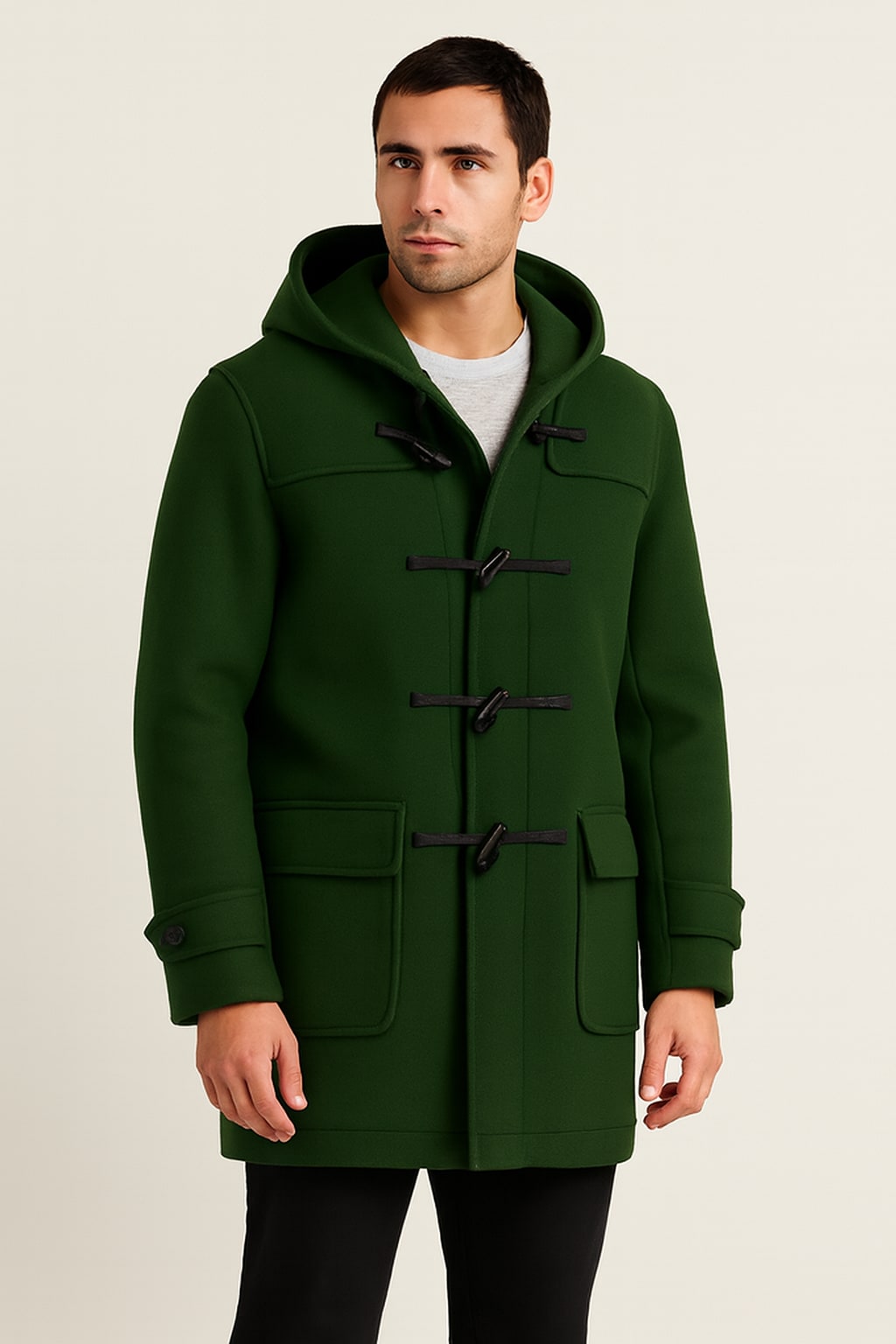Men's Duffle Coat in green, hooded wool-look toggle coat, front view on a model
