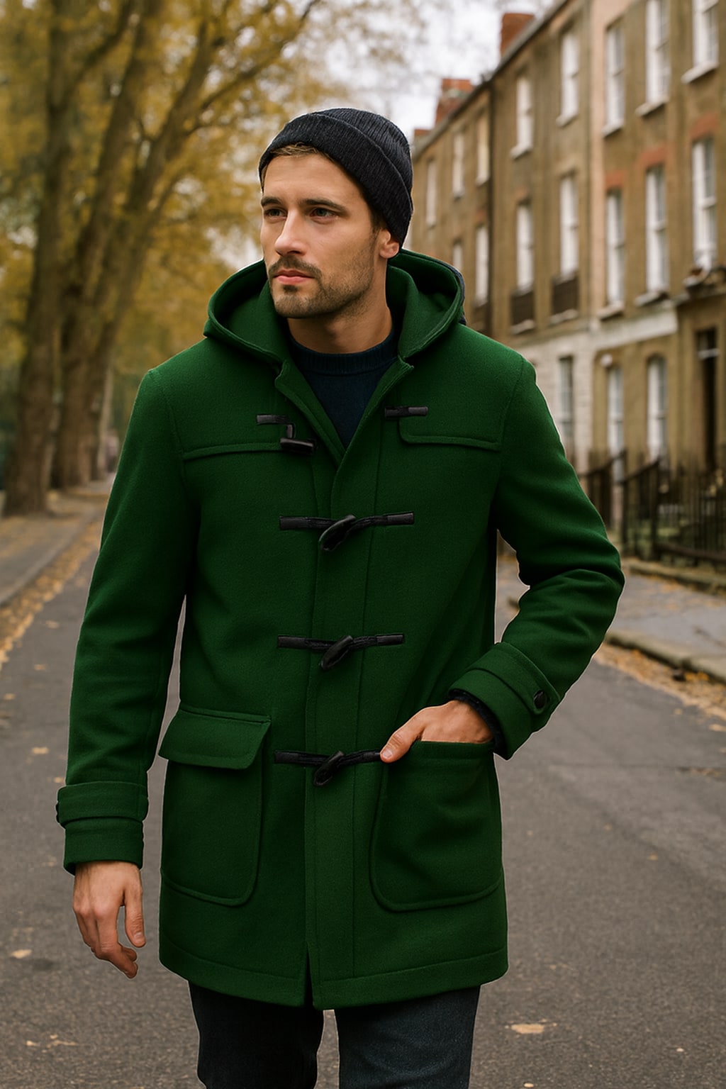 Man wearing the men's duffle coat on an autumn street