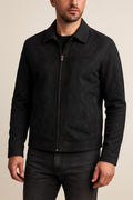 Men's Faux Leather Jacket in black, minimal zip-up, front view on a model