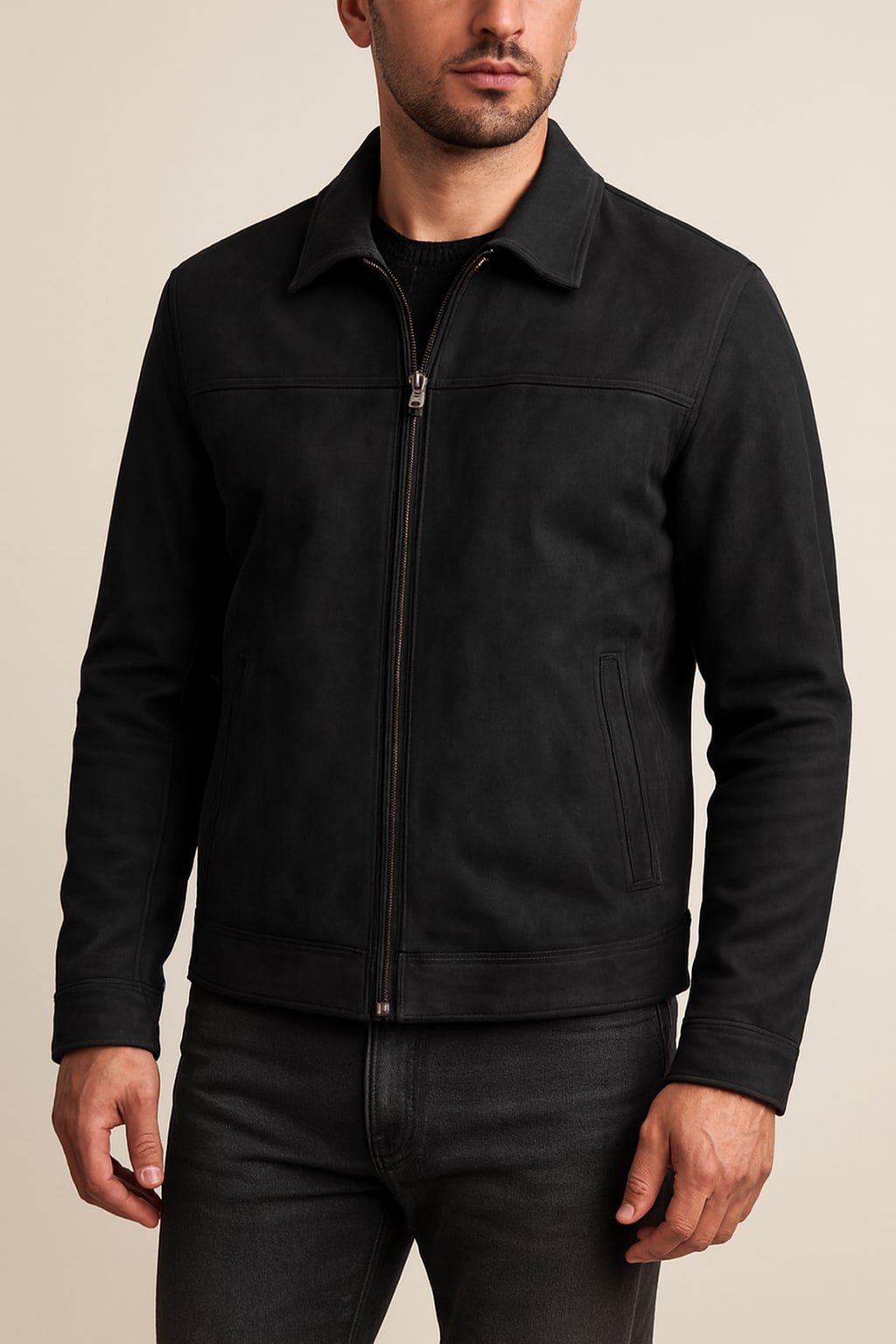 Men's Faux Leather Jacket in black, minimal zip-up, front view on a model