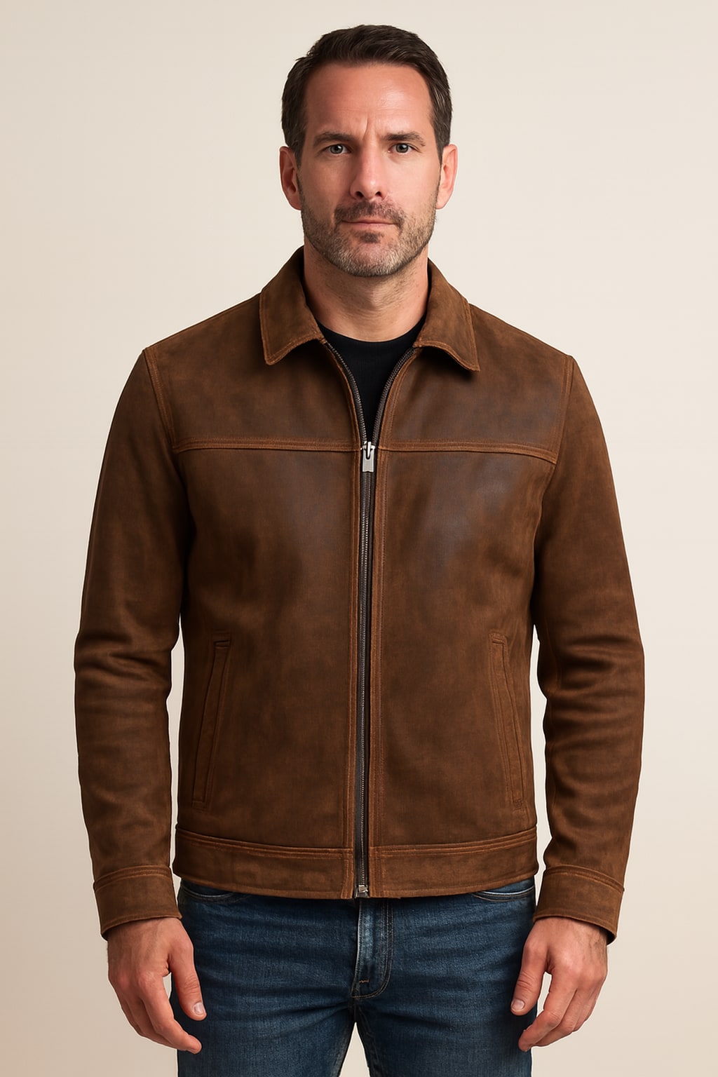 Men's Faux Leather Jacket in brown, minimal zip-up, front view on a model