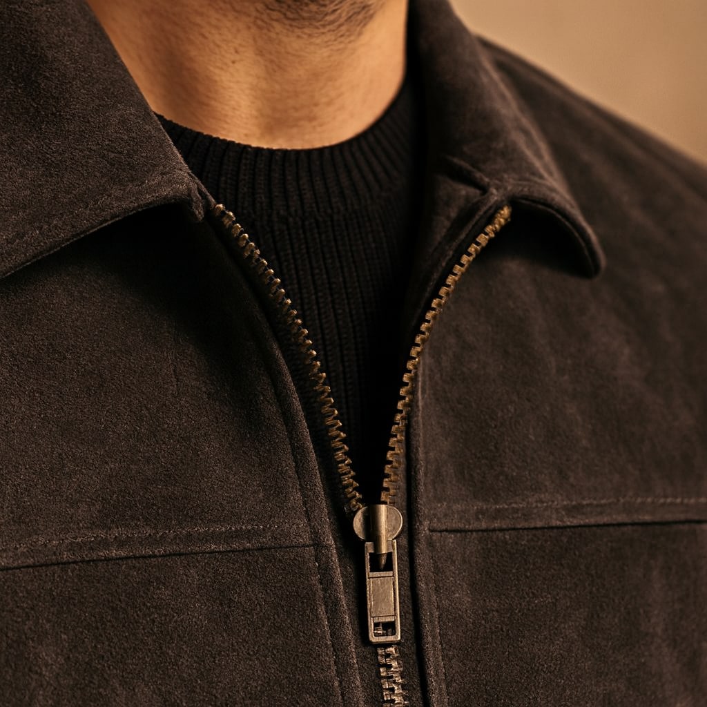Close-up of the men's faux leather jacket showing the collar and zip