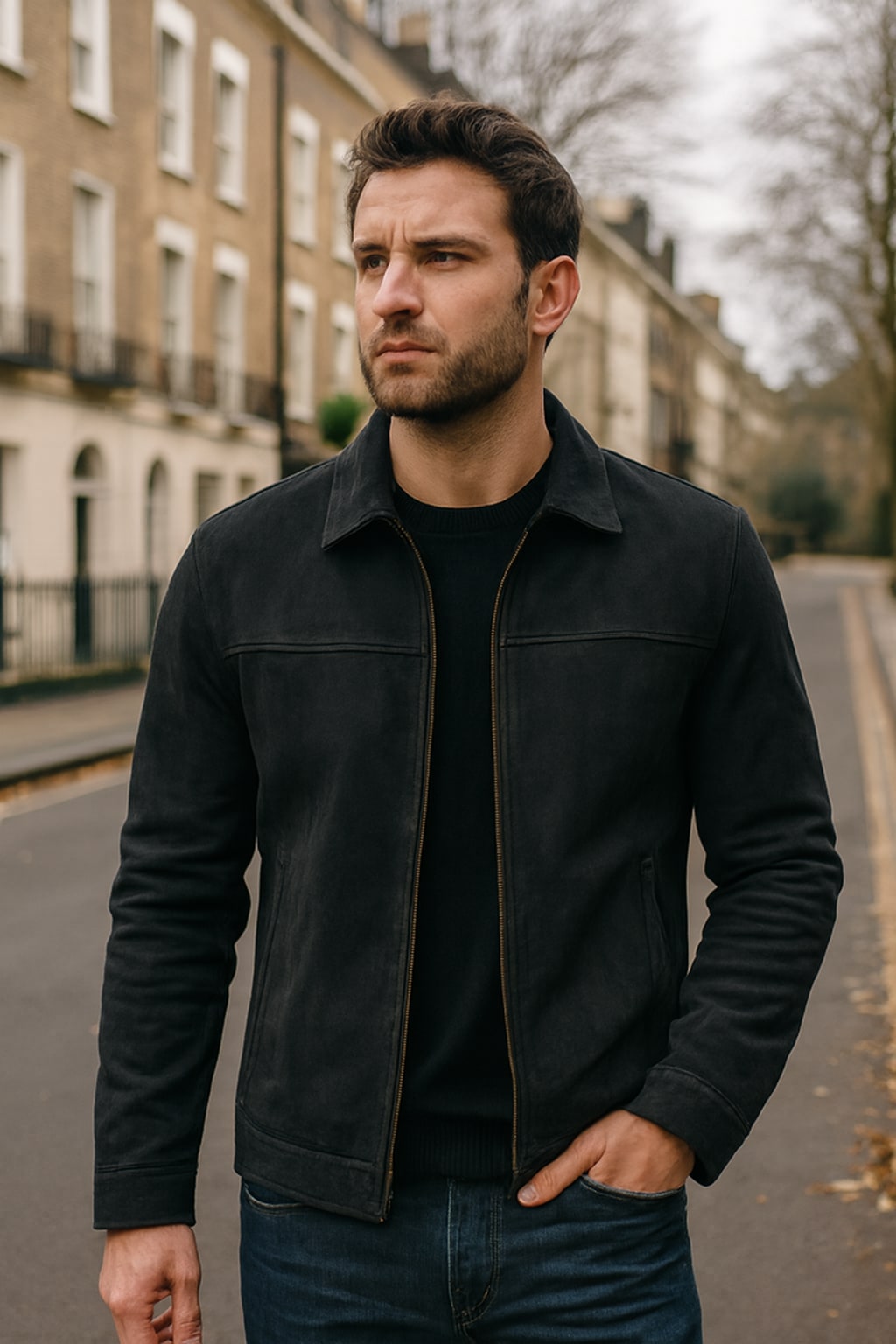 Man wearing the men's faux leather jacket on an autumn street
