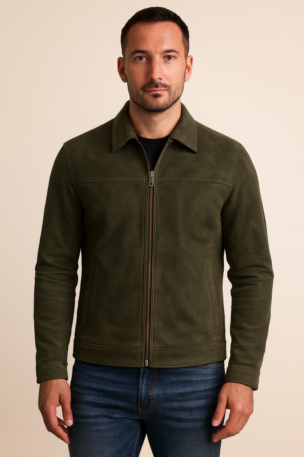 Men's Faux Leather Jacket in olive green, minimal zip-up, front view on a model