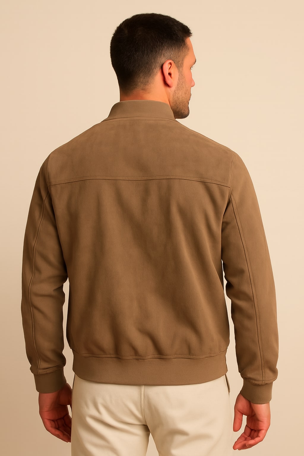 Back view of the men's faux suede jacket in brown on a model
