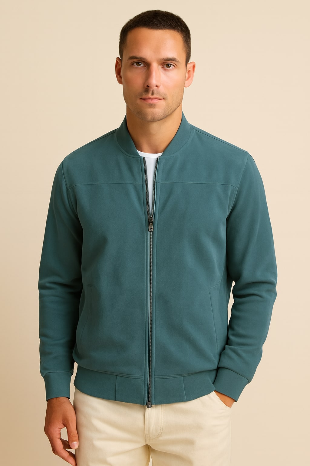Men's Faux Suede Jacket in blue, casual zip-up, front view on a model