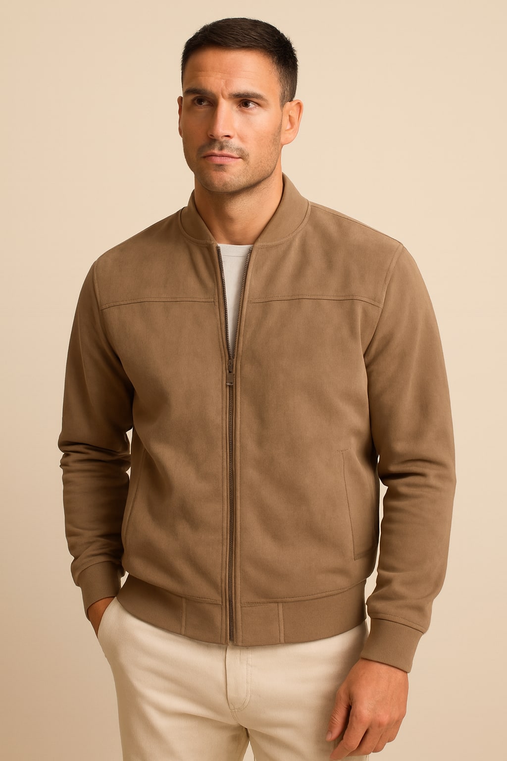 Men's Faux Suede Jacket in brown, casual zip-up, front view on a model